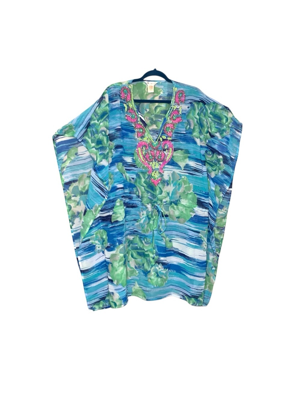 Lucky & Coco Blue Green Floral Swim Coverup with Pink Embroider Beads V-Neck XL